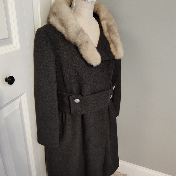 🌹Vintage 70's Unbranded Real Fur Herringbone Tweed Wool Button Front Overcoat M - Picture 6 of 16